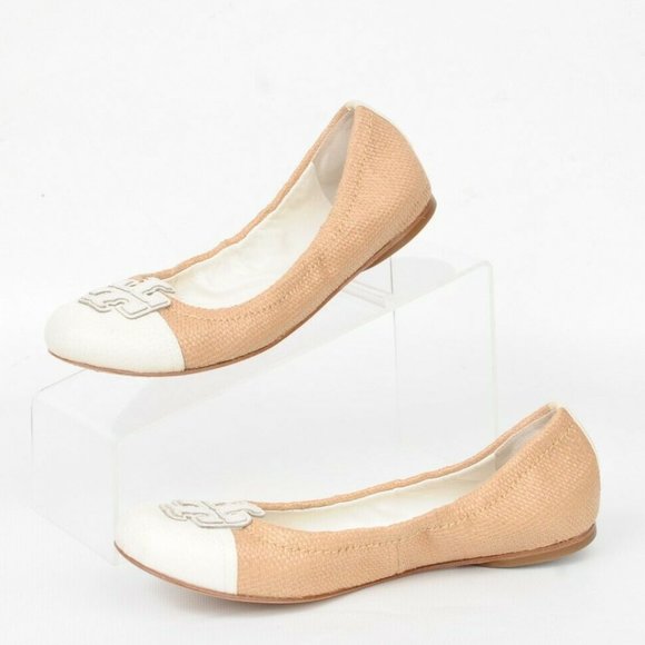 Tory Burch Shoes - Tory Burch Carita White Natural Beach Woven Straw Leather Ballet Flat Shoes 7 M